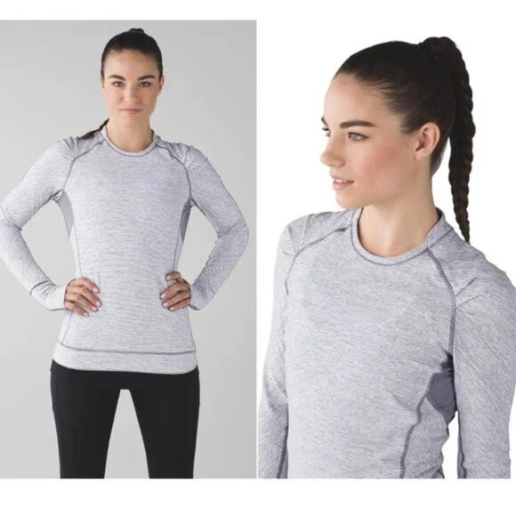 LULULEMON long sleeve grey & white striped top - size 12 - Picture 1 of 4
